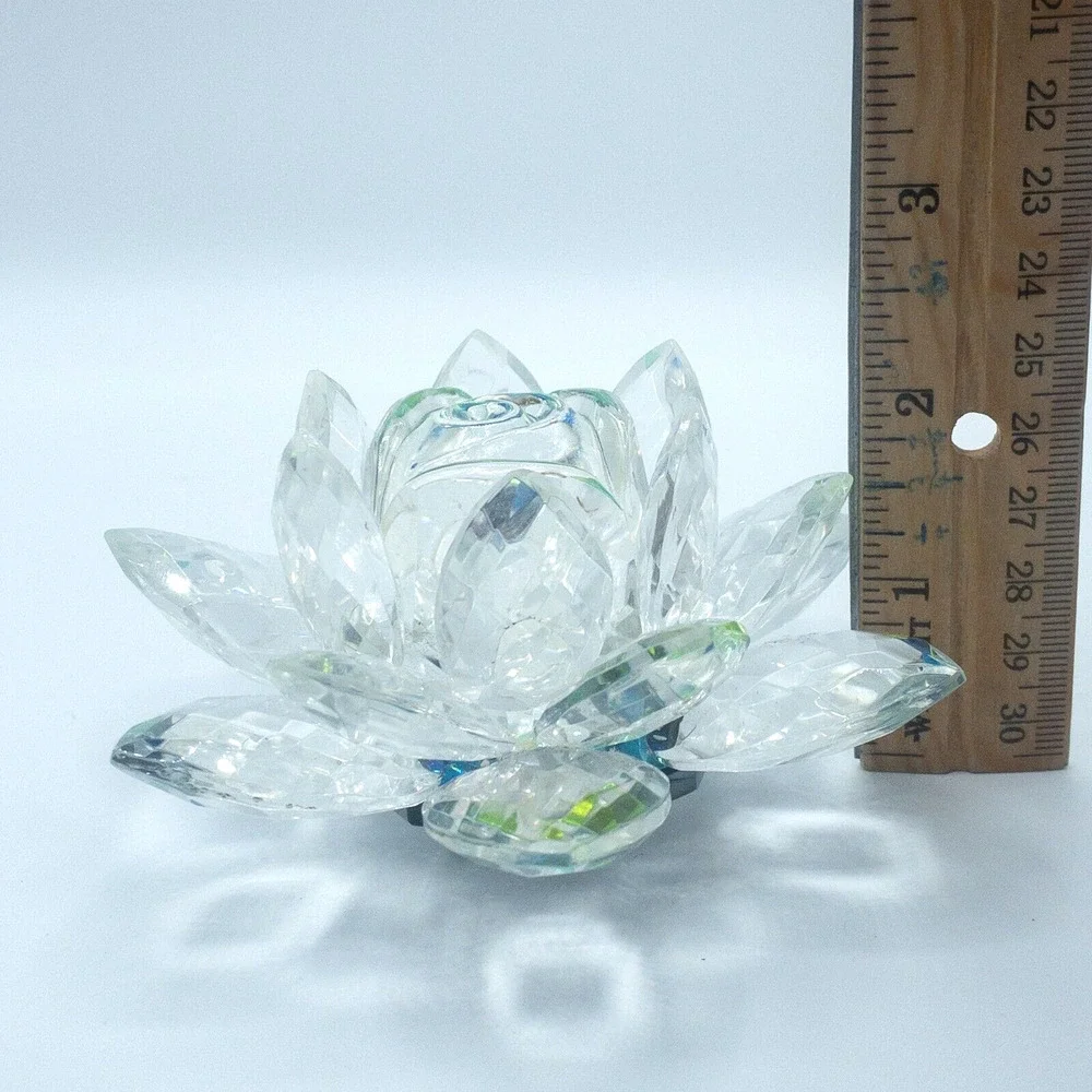 Crystal Lotus Flower Figurine Iridescent Glass Blue Green Decor